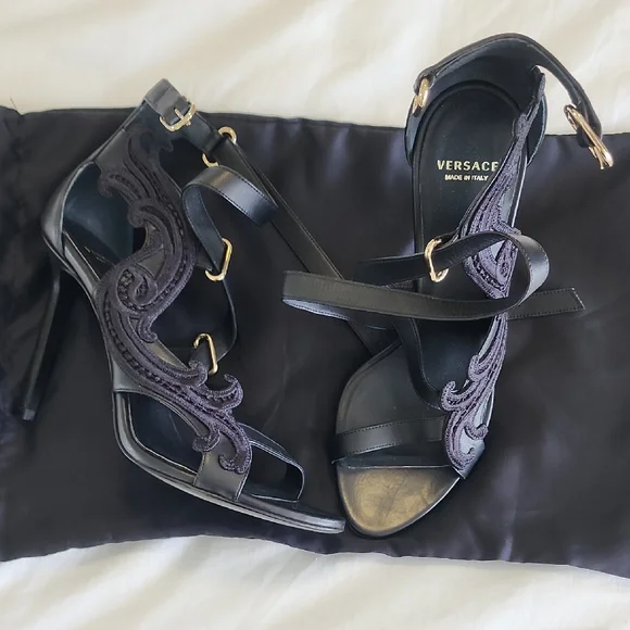 Versace Black Leather Embellished High Heel Sandals - Picture 1 of 1